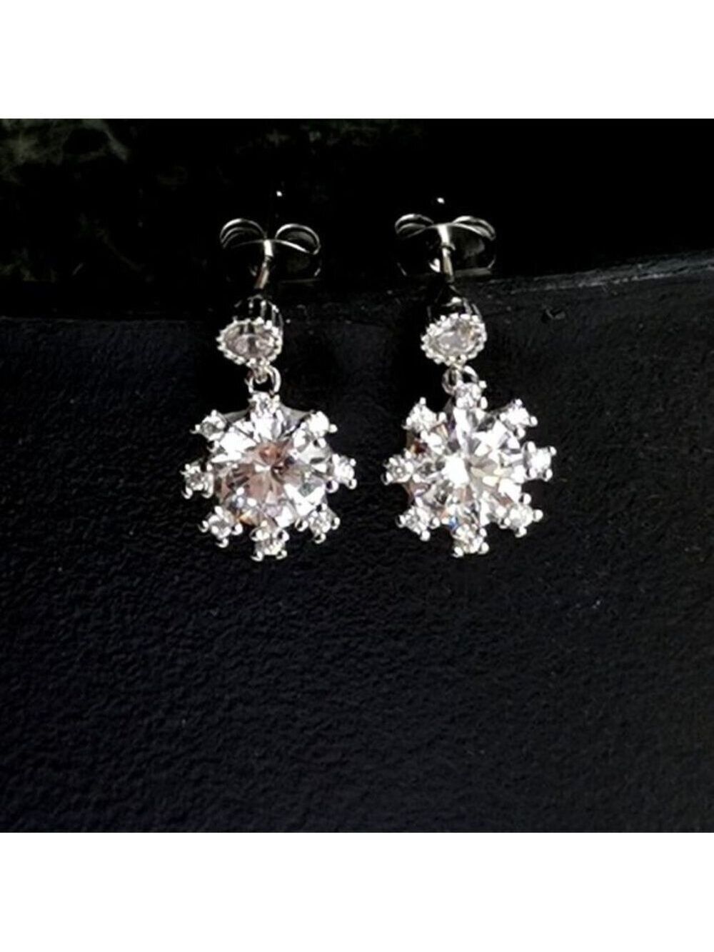 CZ Flower Dangle Stud Earrings Sterling Silver NEW
